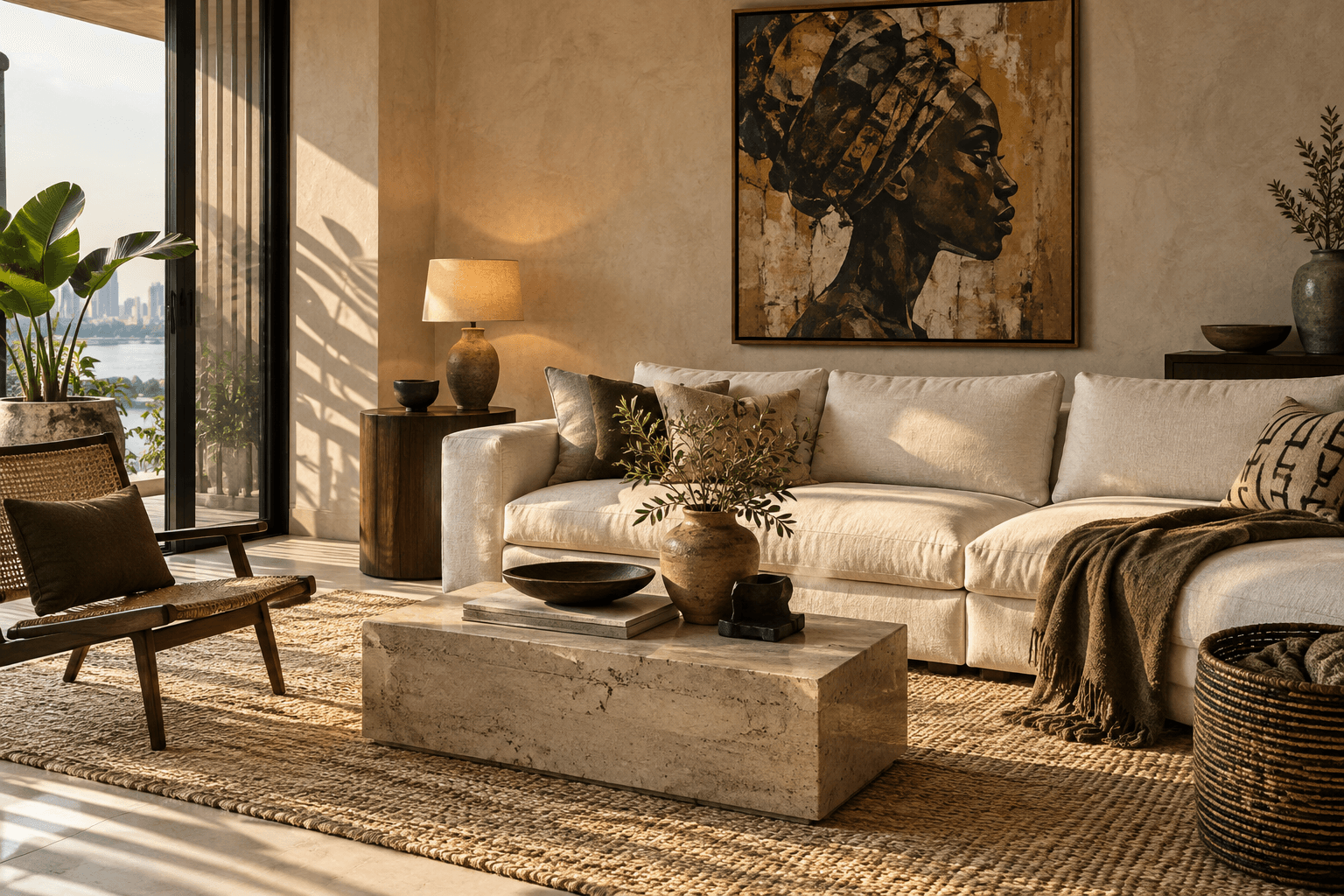 A layered neutral Lagos interior with linen, stone, timber, woven fibre, olive textiles, and Nigerian art