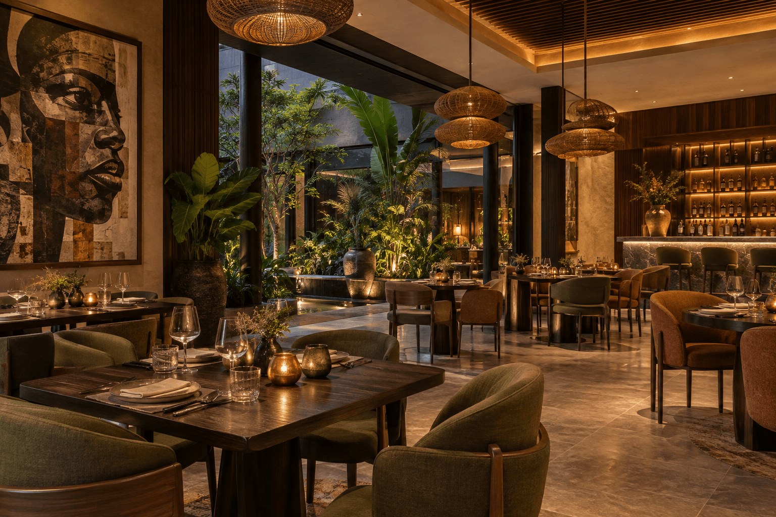 Sophisticated Lagos destination restaurant with warm lighting and a tropical courtyard